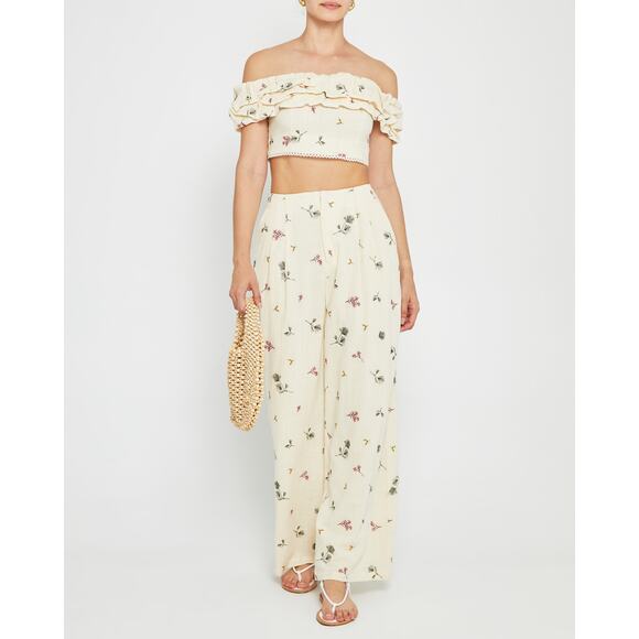 Kourt Sheri Cream Floral Embroidered High Waist Wide Leg Pants Size 2 - Picture 2 of 16